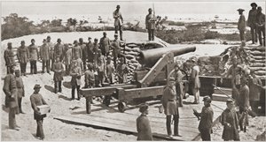 1861年3月の南北戦争の前に、フロリダ州ペンサコーラ湾への入り口を見下ろす南軍の32ポンド砲と民兵砲手